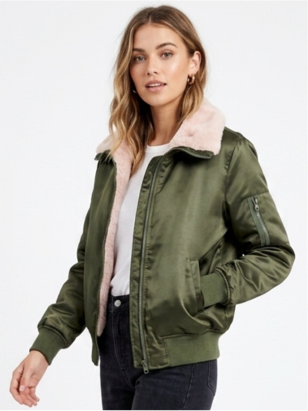 Women's GAP Satin Aviator Bomber Jacket with Blush Pink Faux Fur Collar - Size L